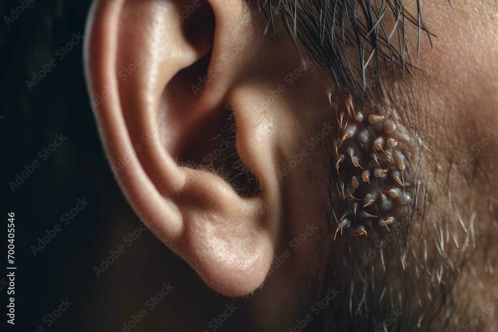 Ear ringing caused by damaged cochlear hair cells. Generative AI - obrazy, fototapety, plakaty 