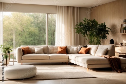 Interior home design of modern living room with beige corner sofa and forest view windows