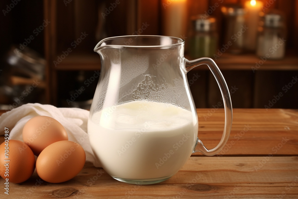 Pitcher with milk, raw chicken eggs, whisk in glass transparent bowl on wooden table
