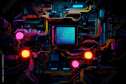 Computer hardware components, motherboard and chipset in neon lights. Digital world