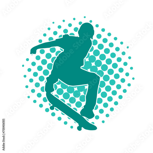 Silhouette of a male in action pose on skateboard. Silhouette of an urban boy on skateboard.