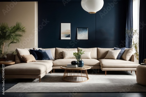 Interior home design of modern living room with beige sofa with dark blue wall