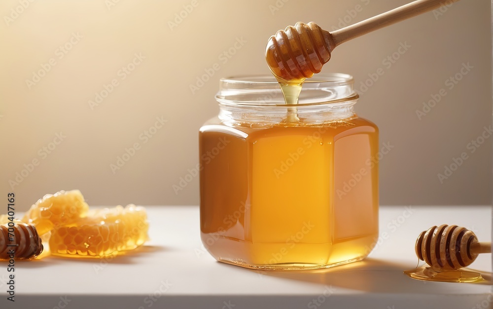 Tarro de miel en un ambiente de luz cálida 