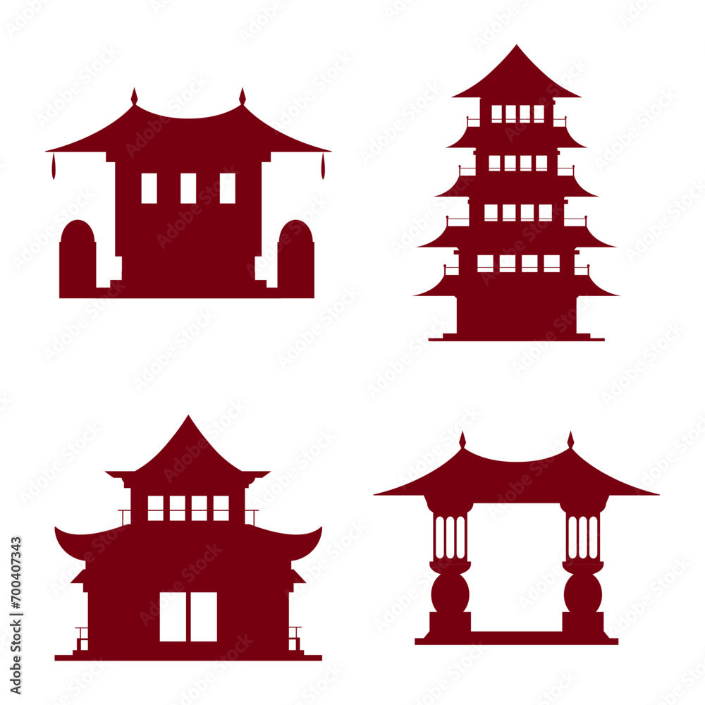 Set of Different Traditional Chinese Building. With Flat Design. Isolated Vector Icon.