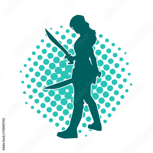 Silhouette of a female fighter in action pose carrying sword weapon.