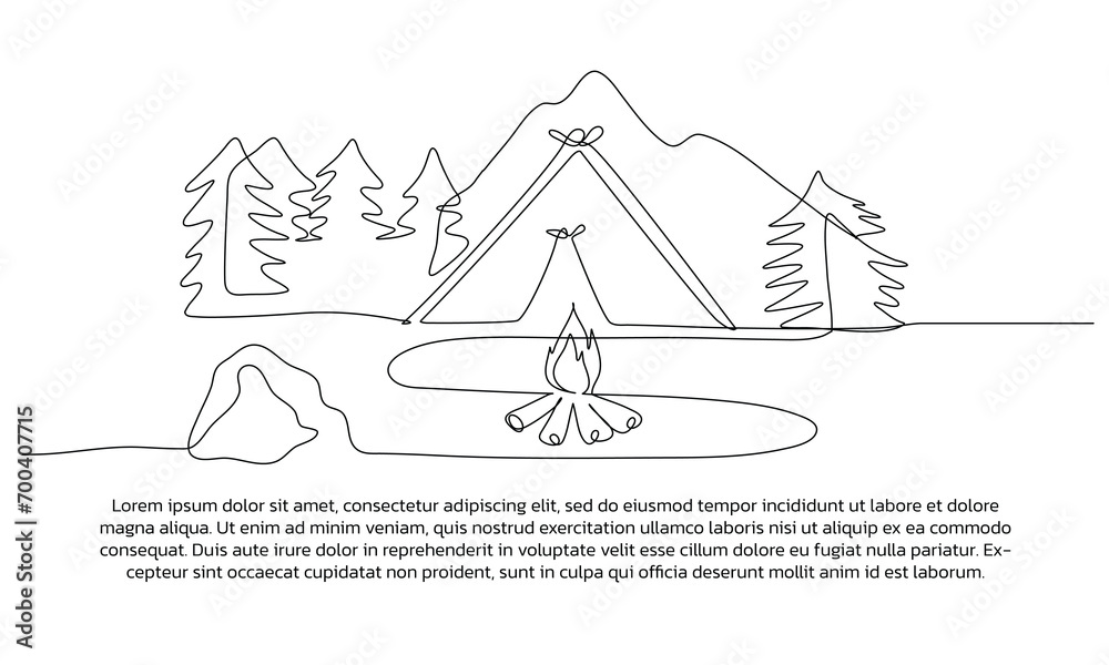Continuous line design of camping on the mountain. Single line decorative elements drawn on a white background.