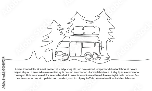 Continuous line design of trip to a camping area . Single line decorative elements drawn on a white background.