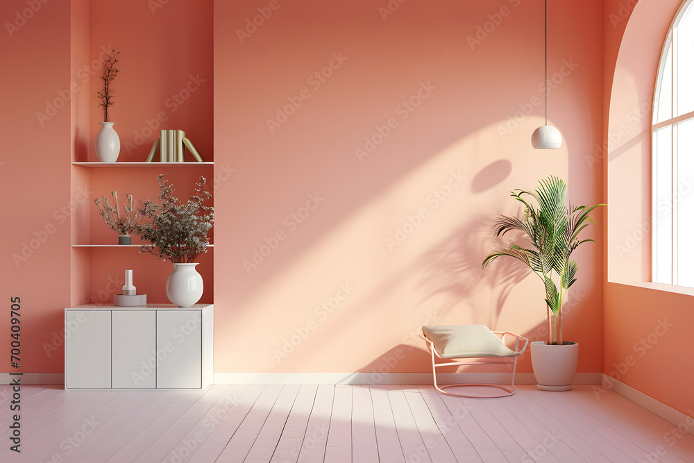 Peach fuzz ,empty room ,minimal interior livingroom. peach color paint wall. color of the year 2024 . Mockup background. 3d render - obrazy, fototapety, plakaty 