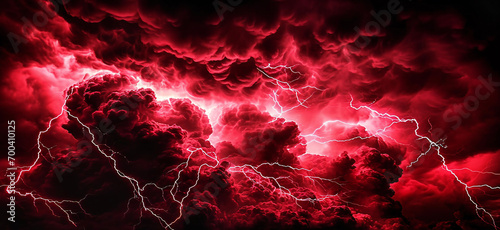 Abstract dark clouds adorned with vivid red lightning, creating a surreal and mysterious visual spectacle.