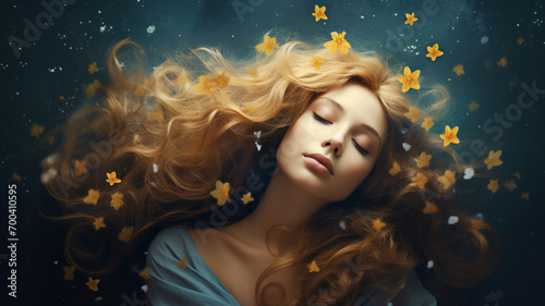 Beautiful woman dreaming concept with flowers #700410595