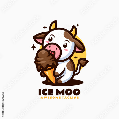 Vector Logo Illustration Ice Moo Mascot Cartoon Style.