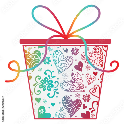 Large colorful packade with holiday gifts with a bright bow isolated on a transparent background. Vector image
