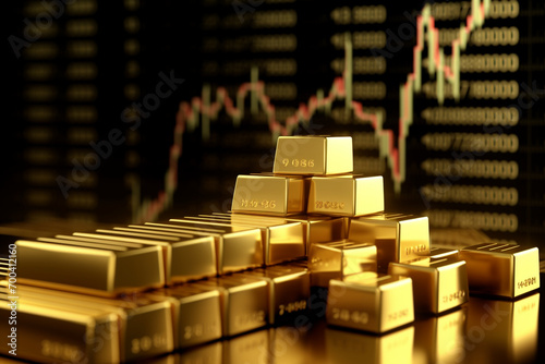 Growth gold bar financial investment stock diagram on 3d profit graph background of global economy trade price business market concept or capital marketing golden banking chart exchange invest value photo