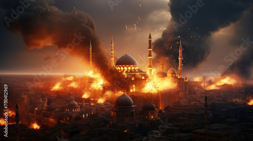 Airstrike on the city, in the condition of city damage after the war, burning golden mosque, buildings collapsed and vehicles burned.