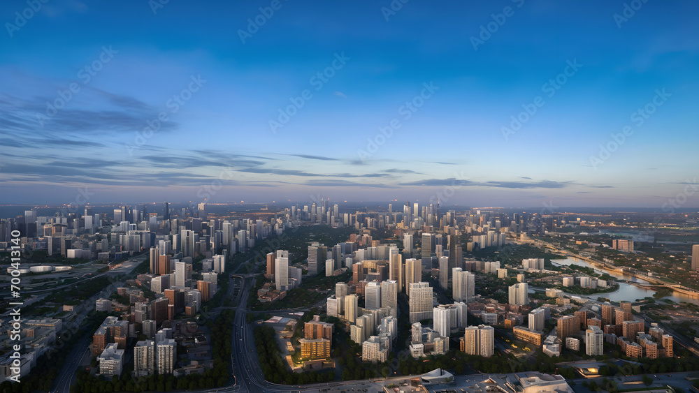Modern metropolis, city skyline, urban buildings, green city