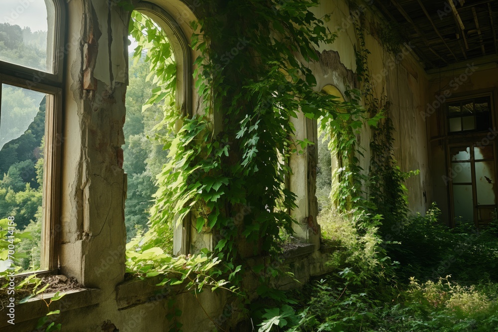 Ivy overtaking an abandoned building's windows, nature's reclamation ...