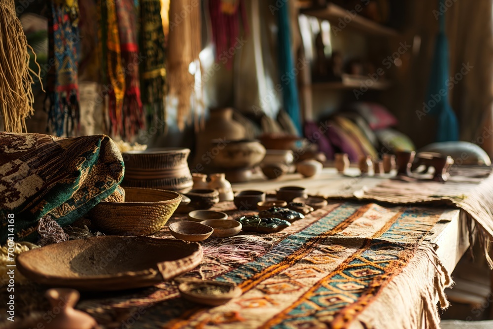 A rustic still life of traditional pottery and vibrant textiles on a wooden table, conveying the warmth of artisanal craft.

