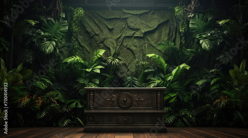 Wooden stage room and podium into a lush jungle setting for a press conference.