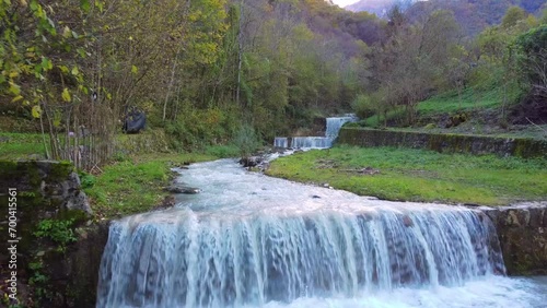 Vista Aerea della Cascata in Italia, Recoaro Terme, movimento indietro photo