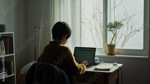 asian kid working or studying from home photo