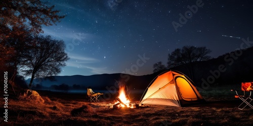 Tent campsite under the stars at night  with a bonfire beside the campsite  long exposure  Dadaism  32K  hyper quality copy space