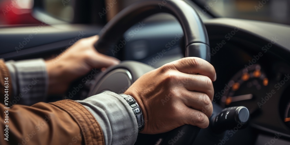 Hand holding steering wheel in a Car
