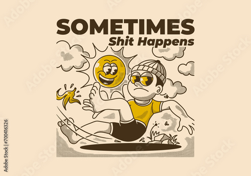 Sometimes, shit happens. Vintage illustration of a boy falling on a banana peel