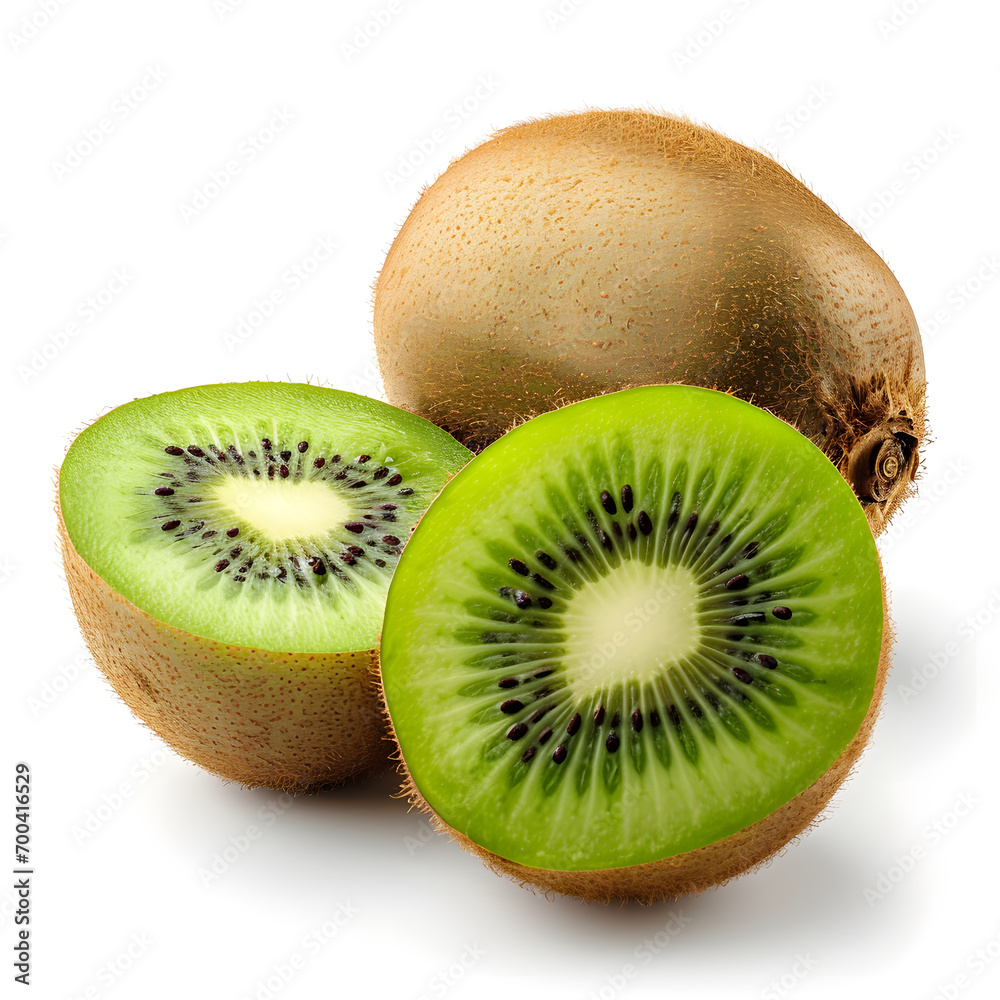 Obraz premium Ripe whole kiwi fruit and half kiwi fruit isolated on white background