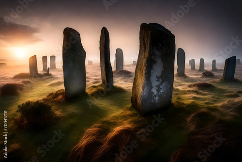 A tranquil moorland at dawn, where the mist wraps around ancient standing stones, creating an ethereal and mysterious atmosphere. 