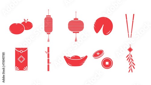 Chinese lunar new year decoration asset vector illustration icon set collection red silhouette shadow isolated on plain horizontal white background. Gong xi fa cai cartoon art styled drawing.