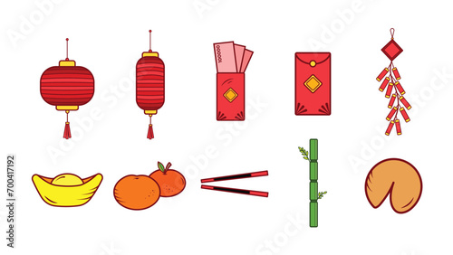Chinese lunar new year decoration asset full colored vector illustration icon set collection outlined isolated on plain horizontal white background with simple flat cartoon art styled.