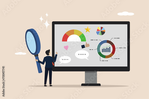 CRM customer relationship management software, marketing communication strategy, client analysis, social listening or interaction concept, business people working on CRM software with information.