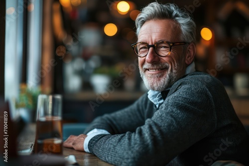 Business portrait - businessman sitting in in office working with laptop computer. Mature age, middle age, mid adult man in 50s with happy confident smile. Copy space.