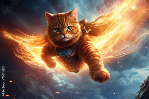 illustration of a flying super cat with fire powers