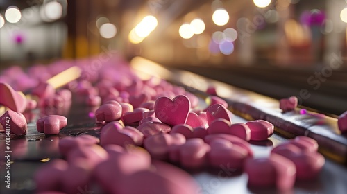 Pink and white Valentine s heart gift and presents moving along a conveyor belt in a warehouse fulfillment center.
