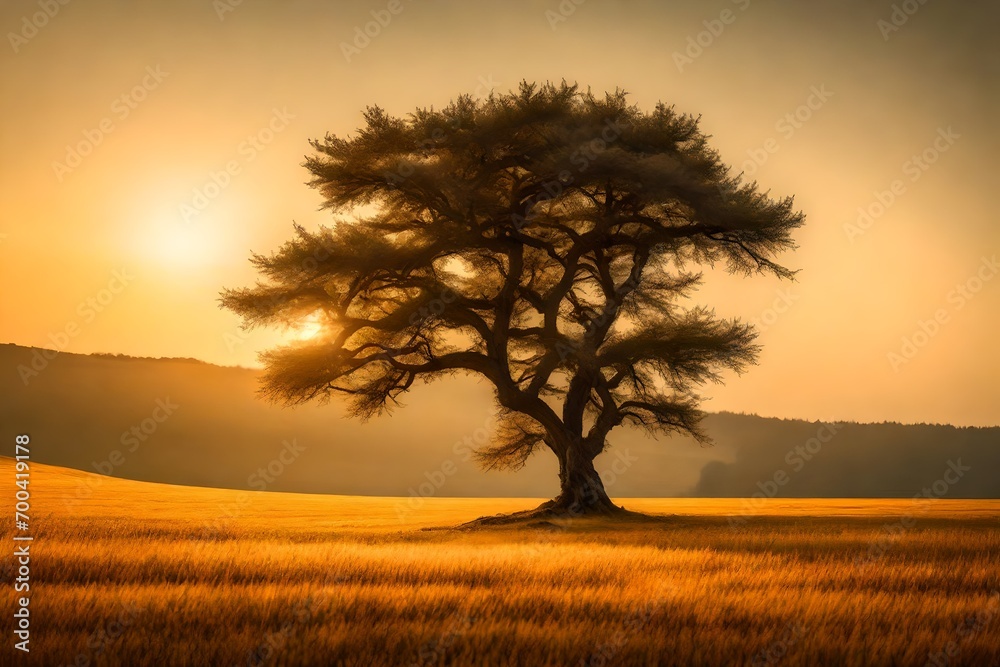 A lone tree in a vast field during golden hour.