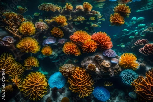 Photograph a coral reef bustling with a kaleidoscope of underwater life. © V.fang
