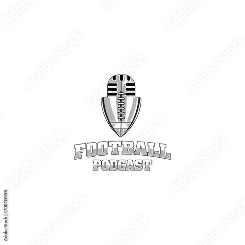 Football podcasts modern logo, an illustration of an old microphone, a ball, and a sports symbol.