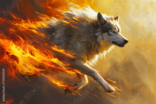 illustration of a flying super wolf with fire powers photo