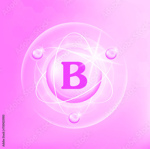 Vitamin B icon structure light pink, purple, white. Medicine health symbol of thiamine. 3D Vector Illustration. Complex with chemical formula. Personal care, beauty. Drug business concept. Category	