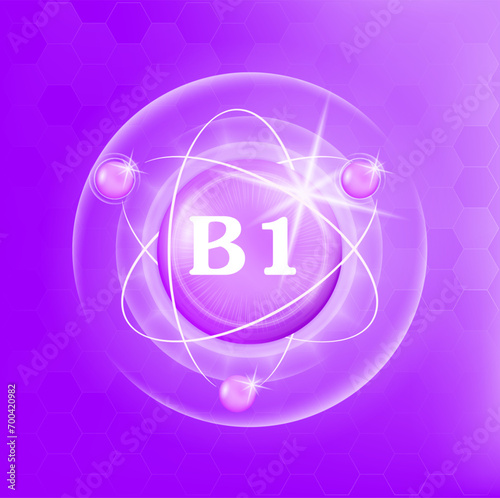 Vitamin B1 icon structure purple substance of butterfly pea. Medicine health symbol of thiamine. Drug business concept. Vector Illustration. 3D. Complex with chemical formula. Personal care, beauty.	
