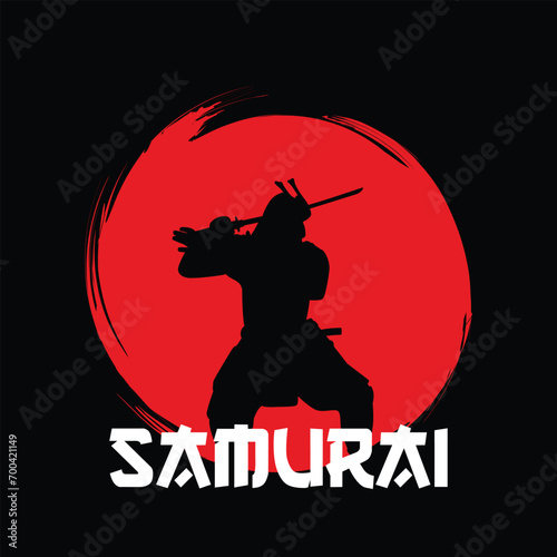 Samurai Lettering Japanese Warrior Swordsmen Silhouette Red and Black Detailed Vector