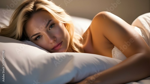 portrait of a woman after night sleep in the bed