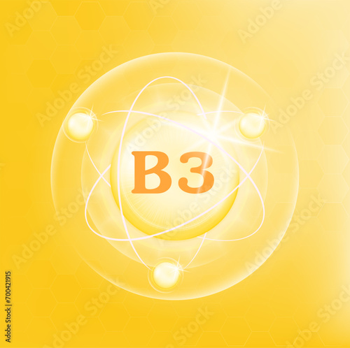 Vitamin ฺB3 icon structure yellow substance. 3D Vector Illustration. Medicine health symbol of thiamine. Drug business concept. Vitamin complex with chemical formula. Personal care, beauty concept.	

