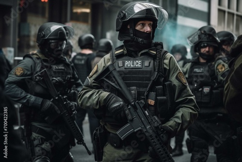 Law enforcement personnel in full gear responding to a public disturbance. Generative AI © Joseph