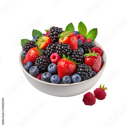 A bowl of mixed berries  with strawberries  blueberries  raspberries  and blackberries.