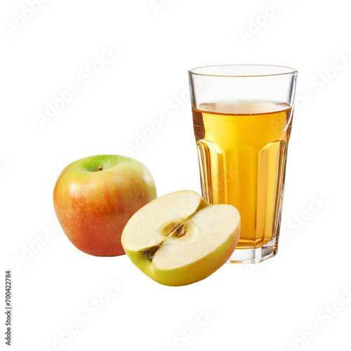 A glass of apple juice and a plate of sliced apples.