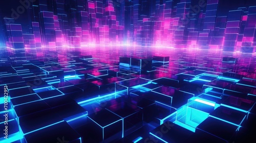 Dynamic technology background in cube shape with cyber punk style, colorful cube floor with blue and pink neon on dark background photo