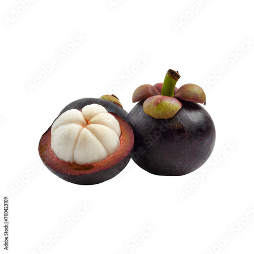 A mangosteen, with its purple and hard skin and white and soft segments, with isolated backgorund