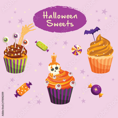 Halloween sweets design elements frightening cupcakes.